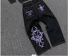 Gothic Y2K Women's Wide-Leg Rhinestone Wing Jeans Washed Blue Mid-Rise Baggy
