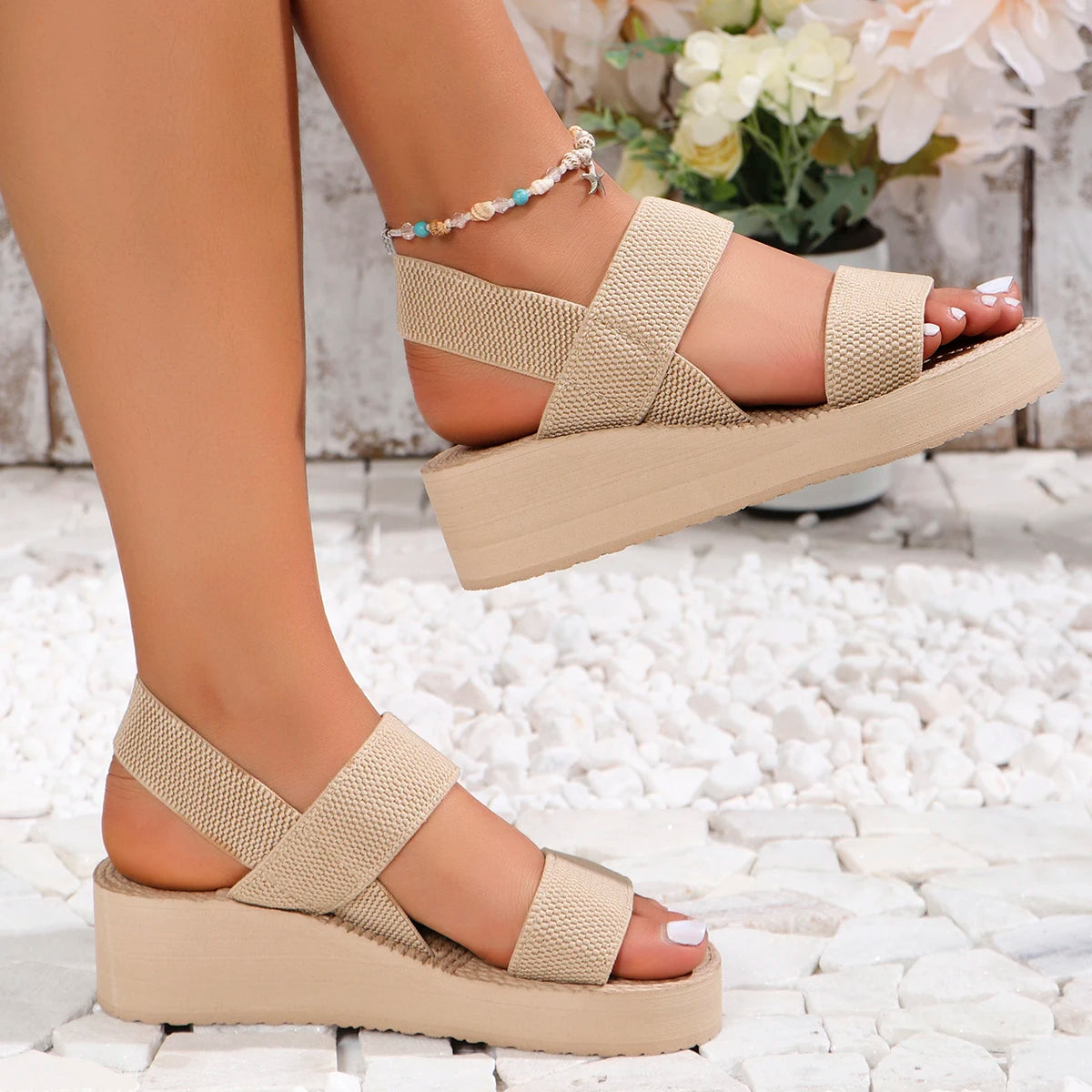 Women's Black Low Heel Platform Sandals - Anti-Slip Soft Sole, Elastic Strap Casual Sandals