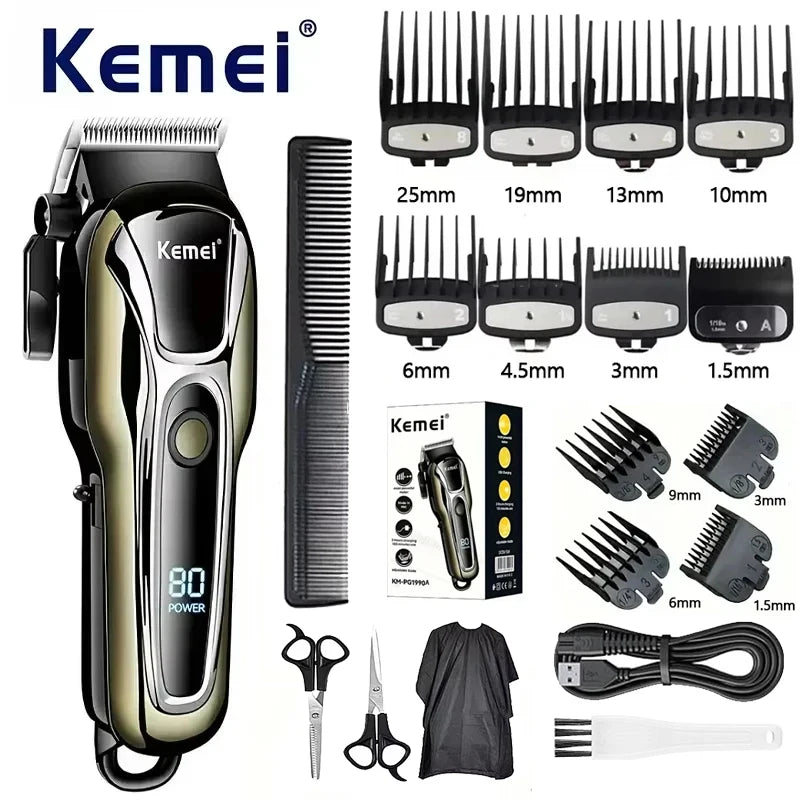 Kemei Rechargeable Cordless Hair Clipper, Professional Men's Trimmer with Limit Combs, 3-Hour Run Time