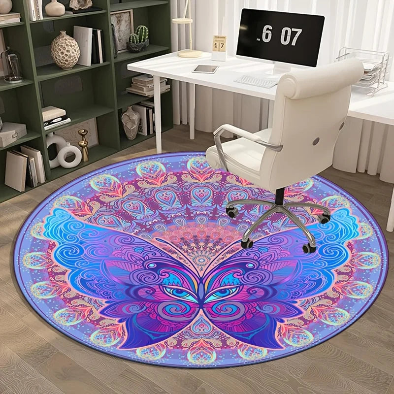 Butterfly Mandala Round Rug – Colorful Boho Psychedelic Accent Mat for Living Room, Bedroom & Yoga