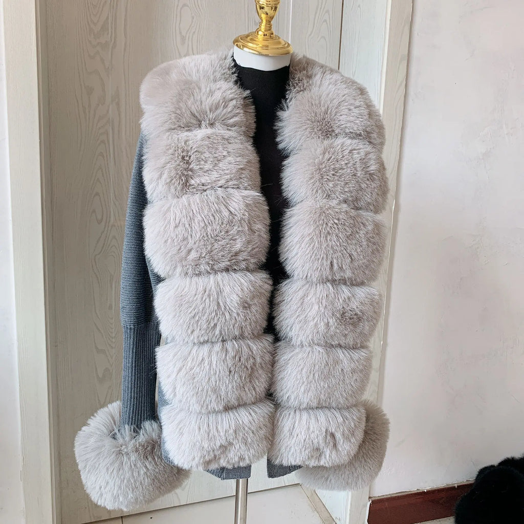 Women's Faux Fur Knit Cardigan with Faux Fox Fur Collar – Elegant Puff Sleeve Sweater Coat