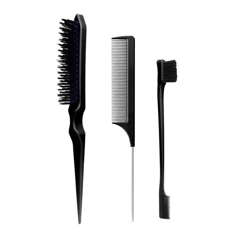3-Piece Hair Comb & Eyebrow Brush Set - Tail Comb, 3-Row Detangling Comb, Steel Pin Tail Comb