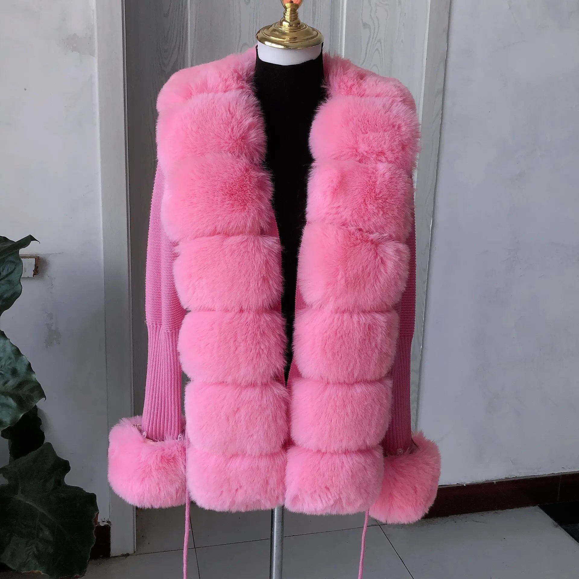 Women's Faux Fur Knit Cardigan with Faux Fox Fur Collar – Elegant Puff Sleeve Sweater Coat