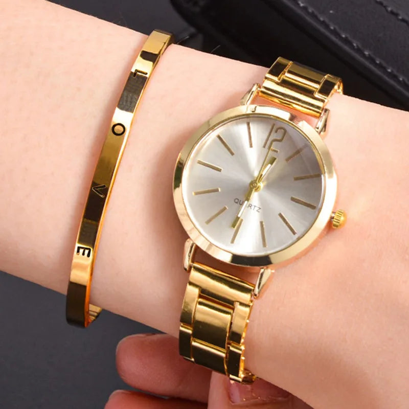 2-Pack Women's Gold Bracelet Quartz Watch Set - Hollow Strap Minimal Dial Fashion Wristwatch