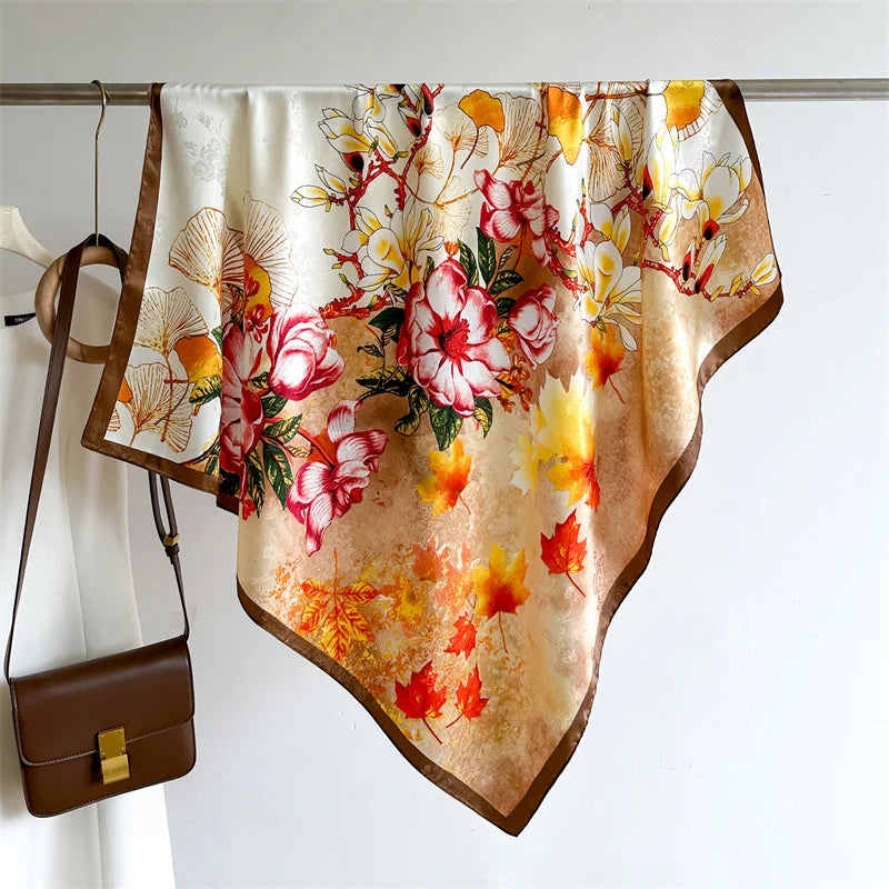 90 x 90 cm (35 x 35 in) Twill Silk-Feel Square Scarf – Women’s Luxury Tree Print Head Scarf, Shawl, Hijab, Bandana