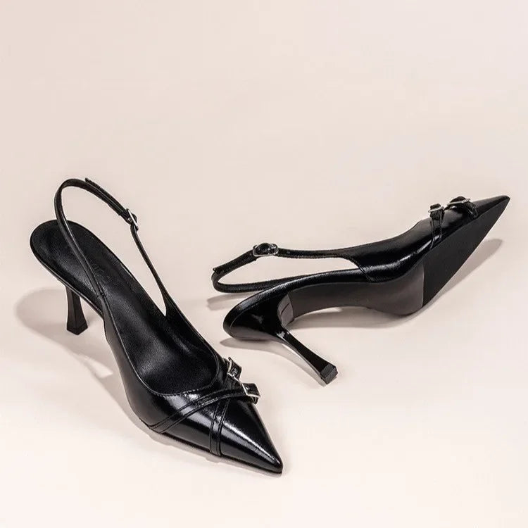 Women's Black Pointed-Toe Stiletto High Heels with Buckle - Elegant Summer Party Pumps
