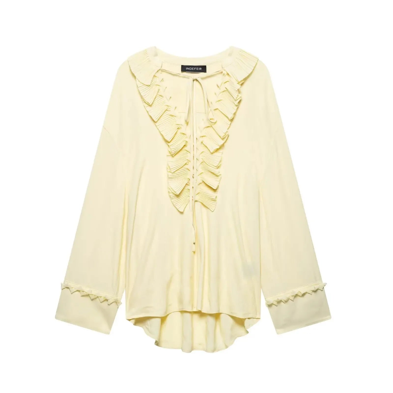 KONDALA Vintage Yellow Ruffle V-Neck Lace-Up Bow Tie Blouse Long Sleeve Casual Top