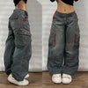 Women's Street Vintage Harajuku Wash Blue Baggy Multi-Pocket Wide-Leg Denim Jeans High Waist