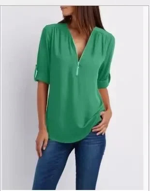 Women's Loose V-Neck Chiffon Blouse with Zipper Pullover — Casual Plus Size
