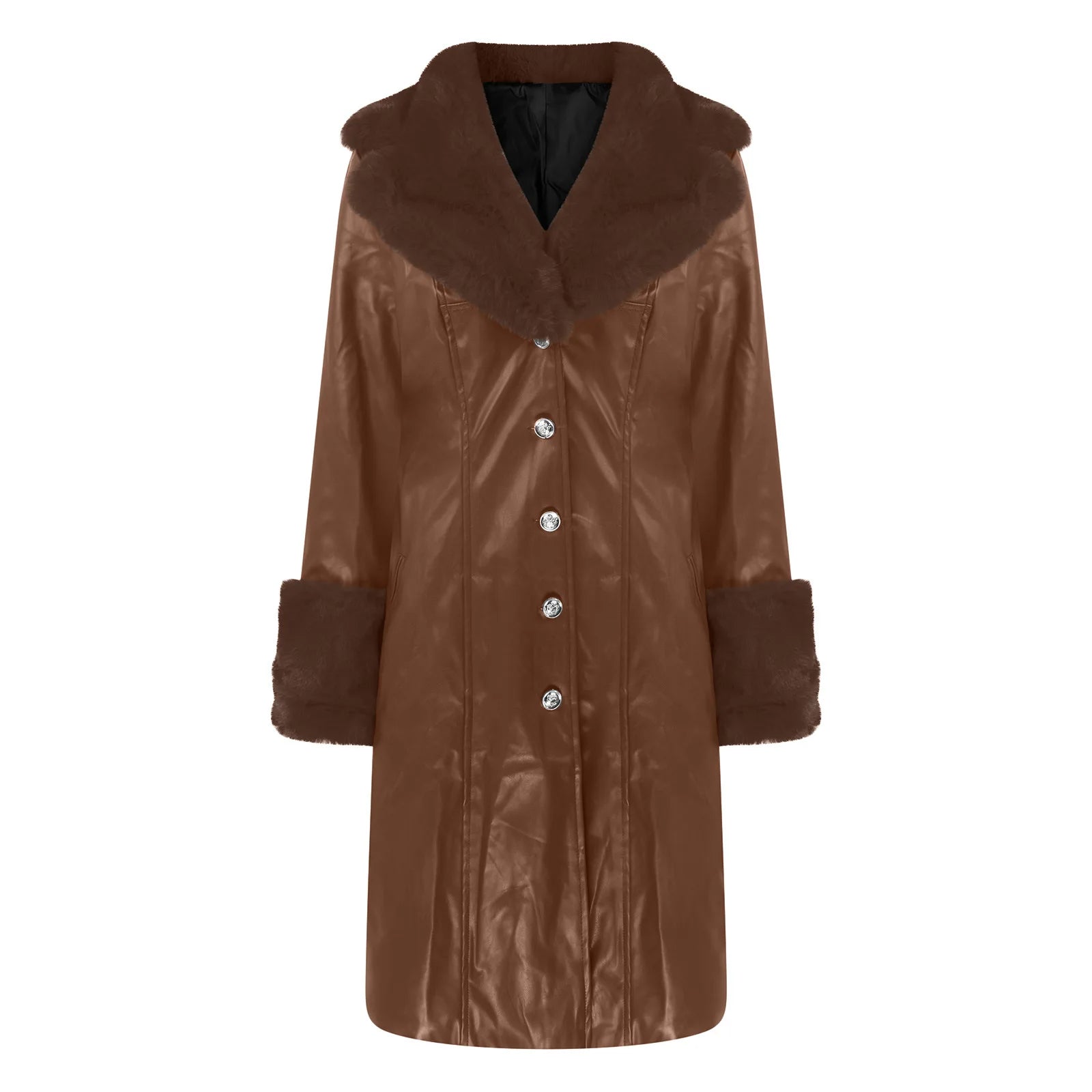 Women's PU Faux Leather Long Coat with Turn-Down Collar — Warm Casual Autumn Winter Jacket