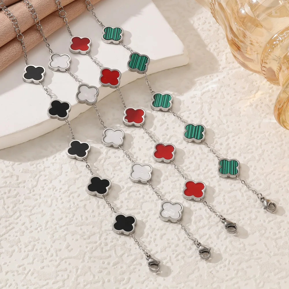 Four-Leaf Clover 18K Gold-Plated Stainless Steel Bracelet with Mother-of-Pearl, Non-Fading Women's Charm