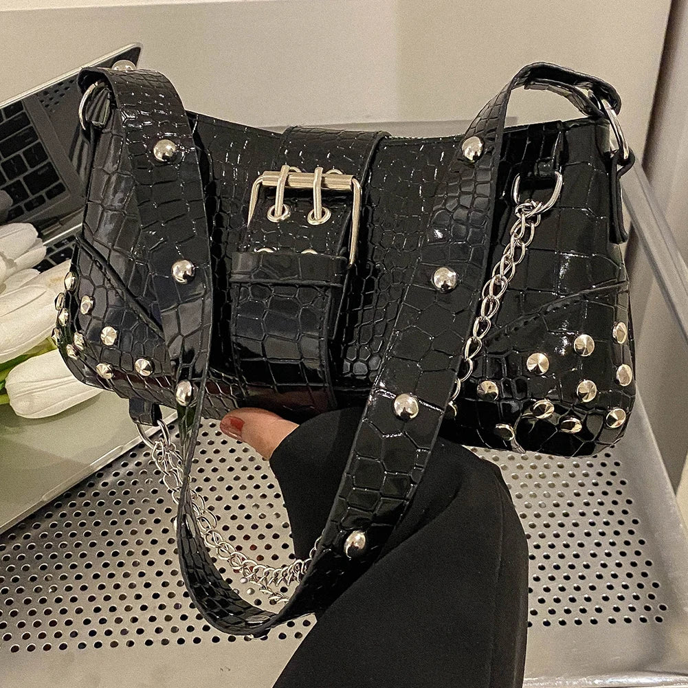 Vintage Gothic PU Leather Baguette Shoulder Bag with Chain and Rivets - Women's Underarm Sling Purse