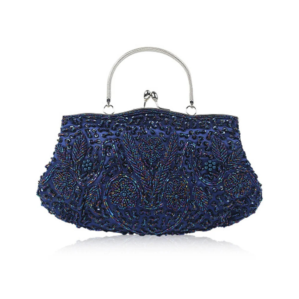 Retro Beaded Evening Clutch - Floral Sequin Wedding Party Handbag with Chain Strap