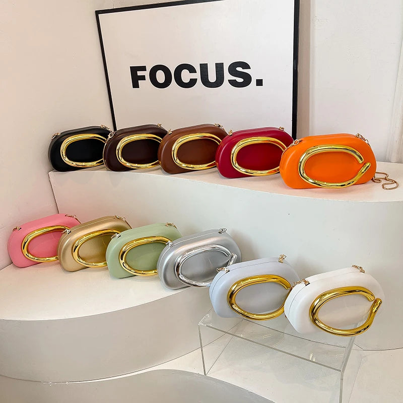 Women's PU Leather Metal-Handle Clutch — Removable Strap Crossbody Evening Bag for Wedding & Party