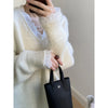 Aoaiiys Women's V-Neck Lace Spliced Knit Sweater - Vintage Chic Loose Pullover for Autumn/Winter