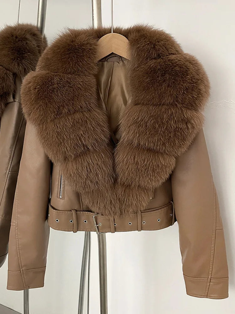 ZMEENNA Women's Faux Leather Moto Jacket with Detachable Faux Fur Collar - Short Warm Winter Coat