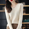 Women's V-Neck Long Sleeve Knitted Pullover — Lightweight Striped Office Sweater for Autumn/Winter