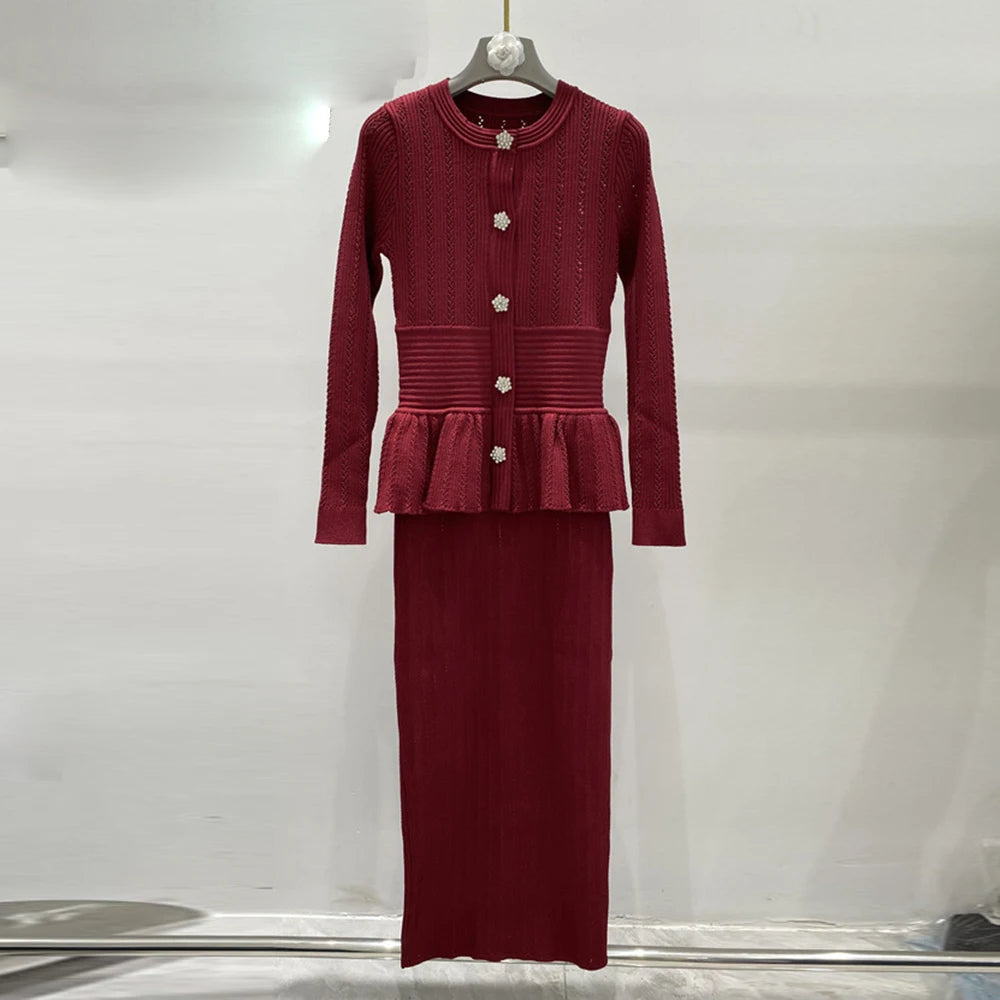 Hollow-Out Knitted Midi Sweater Dress with Ruffled Flare Sleeves – Purple Patchwork Floral