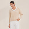 Women's Luxurious V-Neck 100% Cotton Knit Pullover Sweater - Casual Long Sleeve