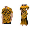 Women's Plus Size Double-Layer Ruffle Sleeve Fishtail Mermaid Maxi Dress, Polynesian Print Ankle-Length
