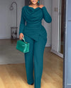 Women's Swing Collar Ruched Jumpsuit Long Sleeve Asymmetric Hem High-Waist Office Romper