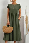 Women’s Vintage Cotton-Linen O-Neck Short Sleeve Maxi Dress – Casual Loose Pleated Summer Sundress