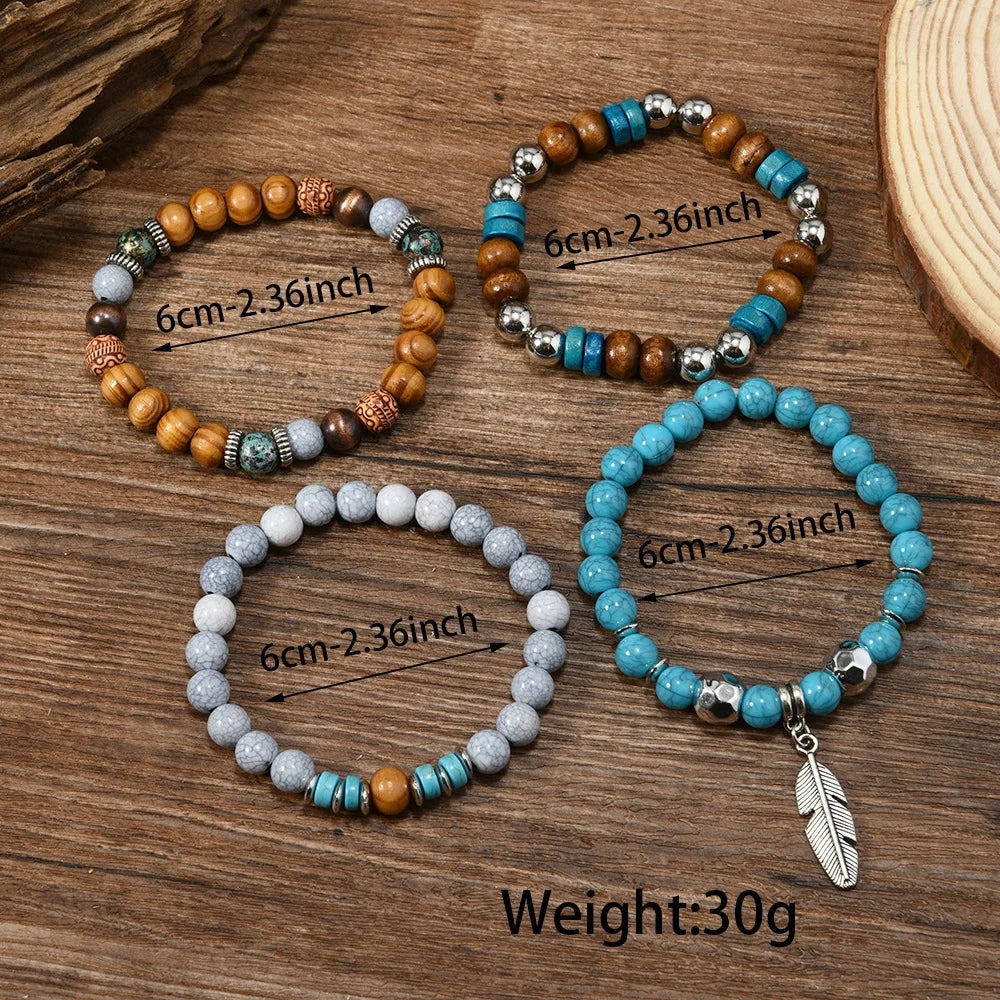 Bohemian Vintage Multi-Layer Turquoise Stone Beaded Bracelet for Men - Ethnic Leaf Design