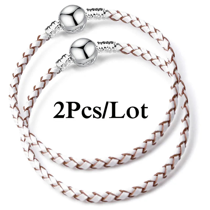 2-Pack Leather Chain Charm Bracelets with Beads – Handmade Couples Pulsera Jewelry (Unisex)