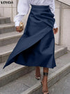 Plus Size Asymmetrical Satin Maxi Skirt – High Waist Button Pleated A-Line (0XL–5XL)