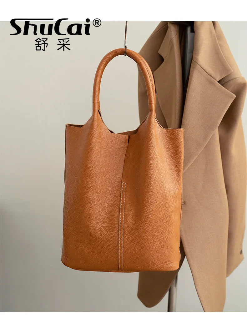 Large Genuine Cowhide Leather Tote Bag - Soft Women's Commuter Shoulder Bucket Handbag