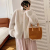 Women's Short Patchwork Faux Fur Jacket with Fox Fur Stand Collar, Slim Fit Autumn/Winter Coat