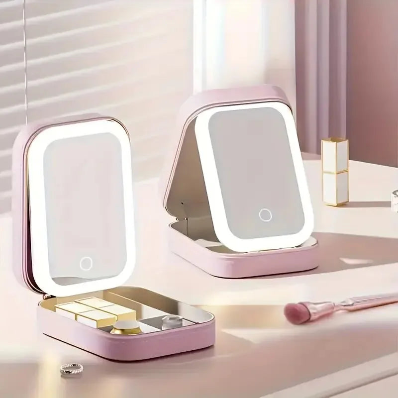 Foldable USB LED Makeup Mirror, Touch Control, 1X/10X Magnification, Adjustable Brightness, Pink Faux Leather Travel Cosmetic Organizer