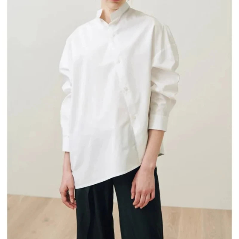 Women's Vertical Striped Shirt - Loose Long-Sleeve Button-Up Blouse with Asymmetric Hem, Office Commuter Style