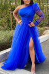 Plus Size One-Shoulder Mesh A-Line Maxi Dress with Split Hem — Floor-Length Wedding Guest & Cocktail Dress
