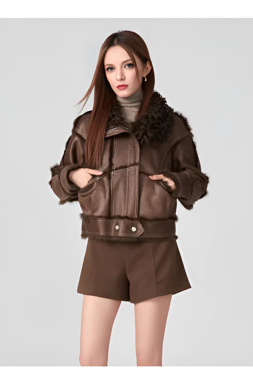 Women's Retro Short Faux Leather Fur Moto Biker Jacket with Zipper and Turn-Down Collar