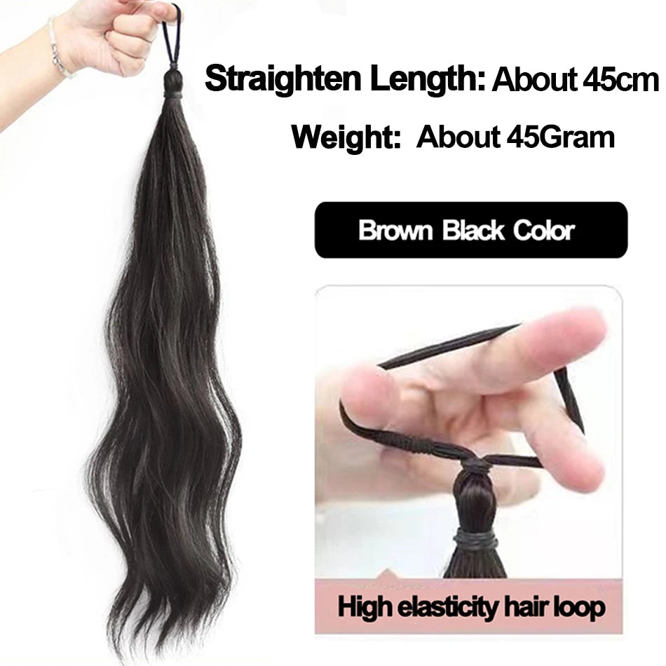 Long Wavy Synthetic Ponytail Extension 40cm (≈16 in) - Self-Winding Braided Wrap with Elastic Band