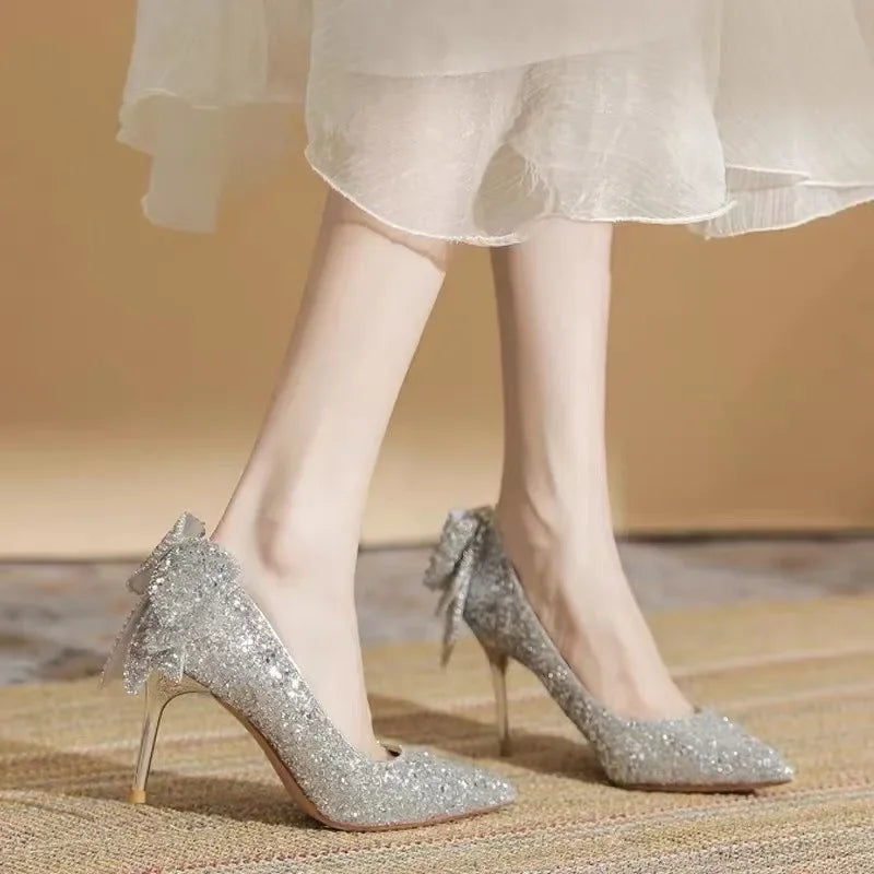 Women's Silver Ribbon Rhinestone Stiletto Pumps Pointed Toe High Heels Lightweight (EU 34-43)