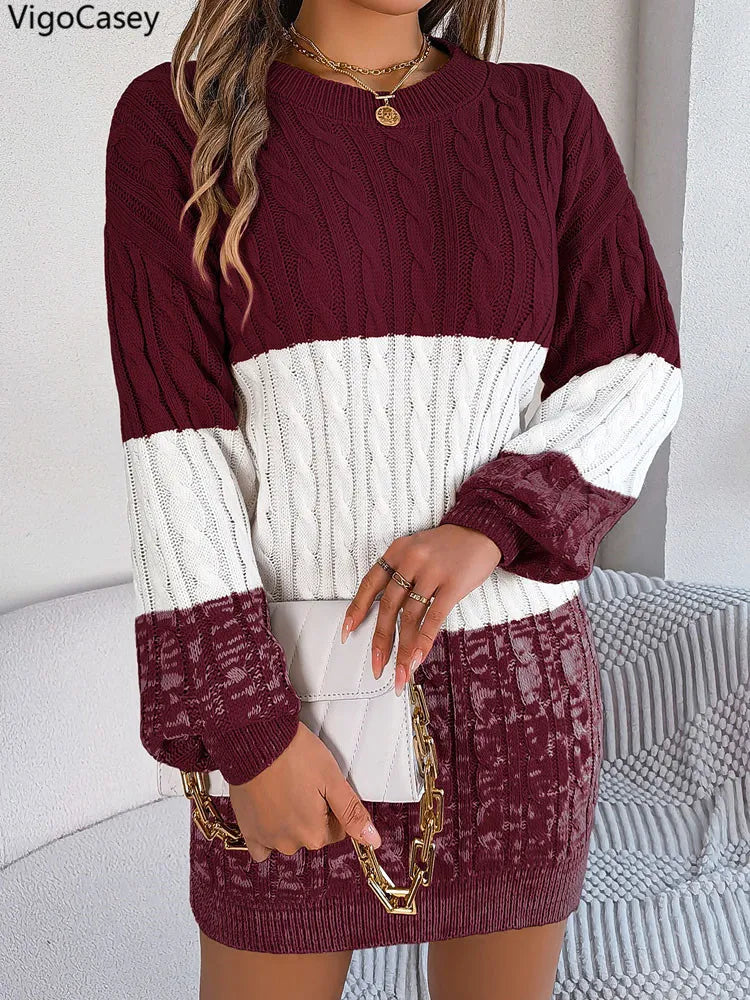 VigoCasey Patchwork Knit O‑Neck Ankle‑Length Long Sleeve Slim Dress for Women – Autumn/Winter Knit Dress