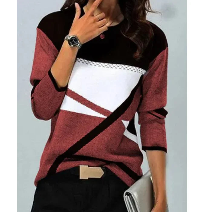Women's Geometric V‑Neck Long Sleeve Blouse – Loose Knit Casual Elegant Top for Spring, Autumn & Winter