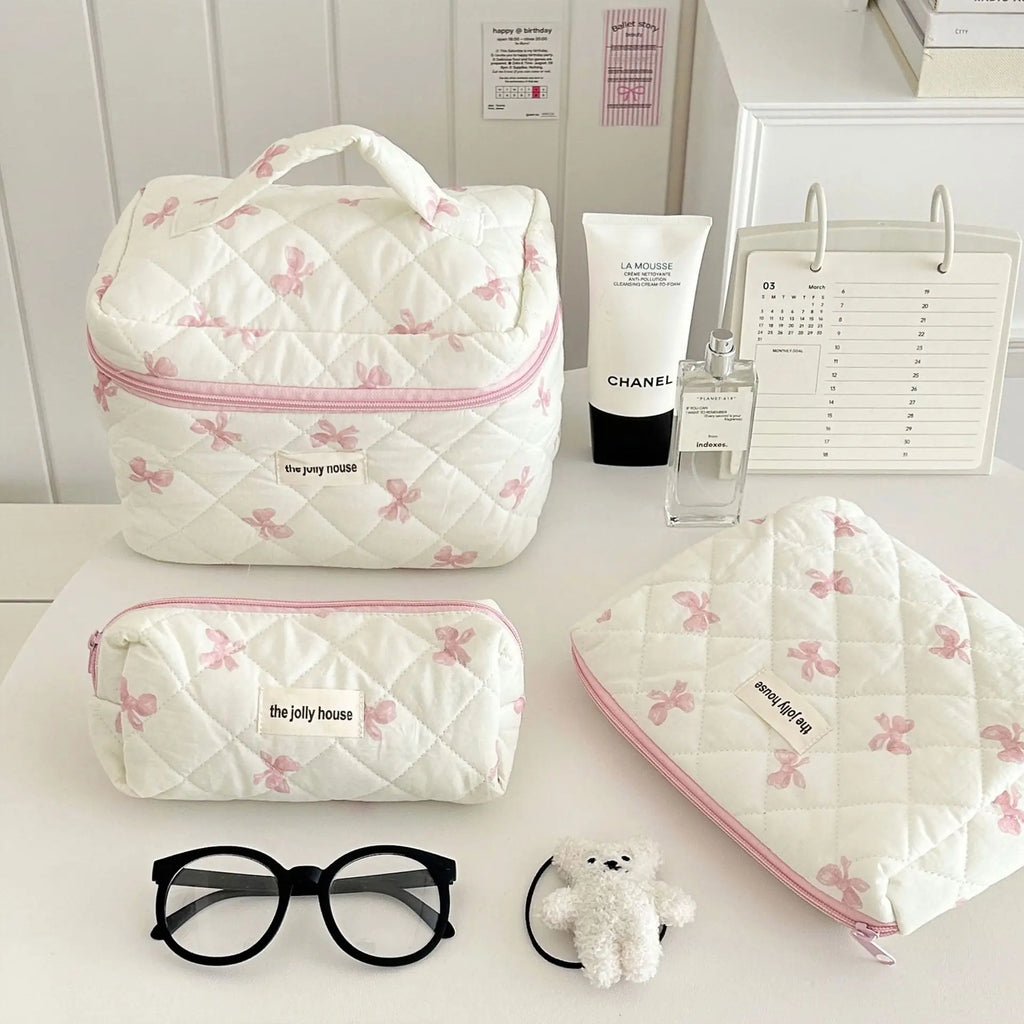 Korean Bow Print Makeup Bag – Large Capacity Travel Cosmetic Case, S/M/L