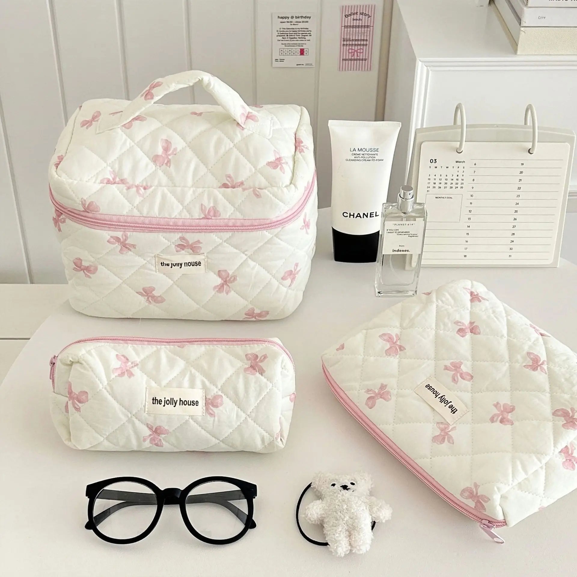 Korean Bow Print Makeup Bag – Large Capacity Travel Cosmetic Case, S/M/L
