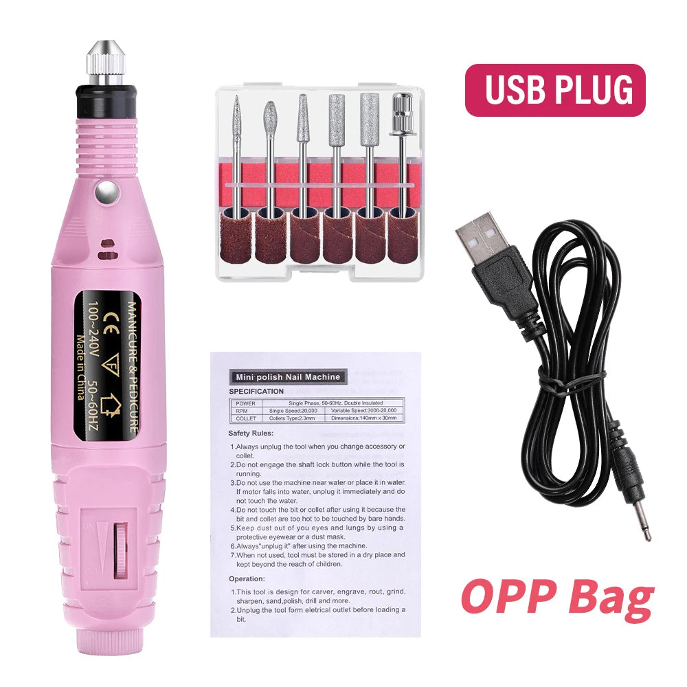 Portable USB Electric Nail Drill Machine – 6-Color Nail Polisher & Sander for Manicure Pedicure, 20,000 RPM, Includes 6 Drill Bits & Sanding Bands
