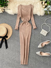 SINGRAIN Women's Autumn Winter V-Neck Long Knit Sweater Dress Slim Stretch Mid-Calf Bodycon