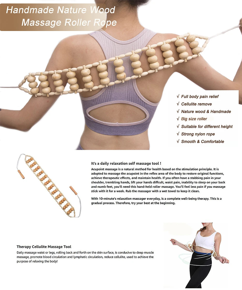 28 in (70 cm) Wooden Pull-Back Roller Rope — Manual Back Massager for Neck, Shoulders & Legs, Cellulite Relief