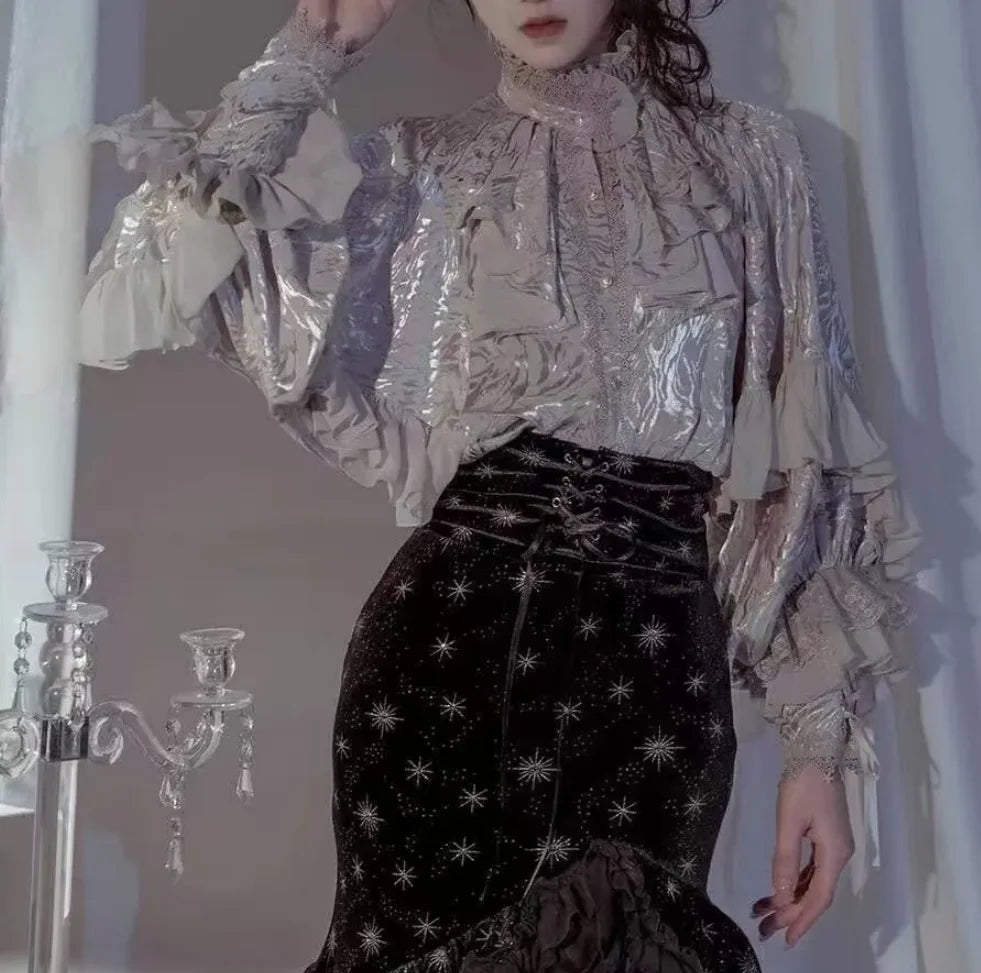 Kawaii Lolita Blouse for Women – Vintage Lace Patchwork Lantern Sleeve Top, Y2K Aesthetic JK Cosplay