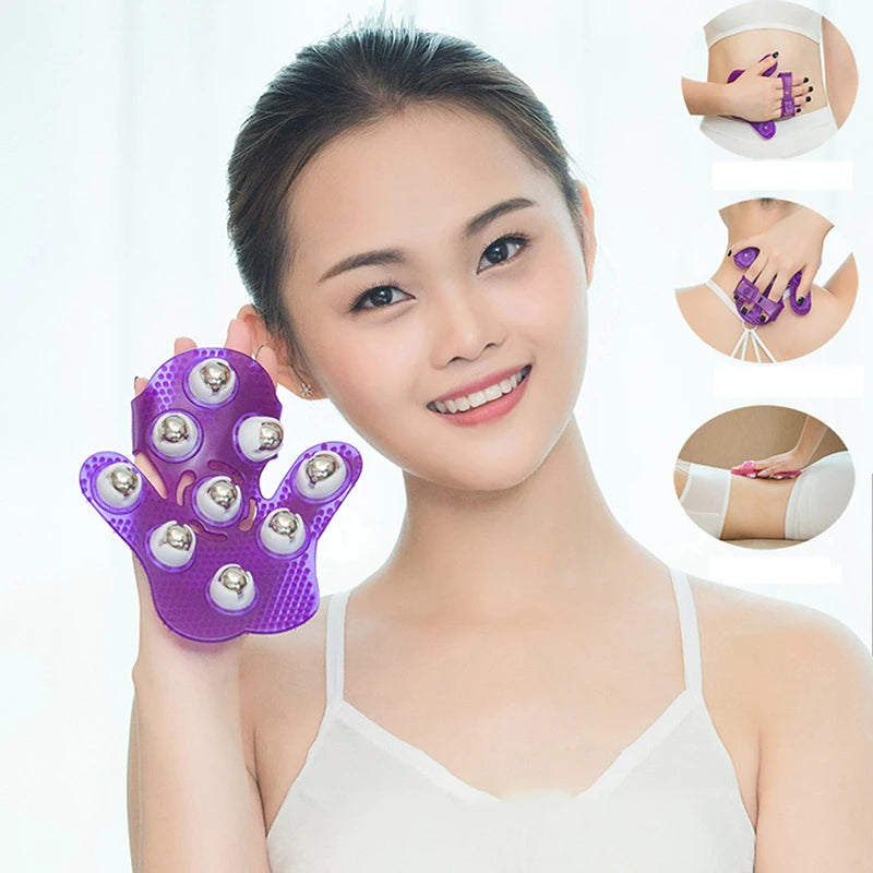 Palm-Shaped Handheld Body Massage Glove with 9 360° Metal Rollers for Muscle Relaxation
