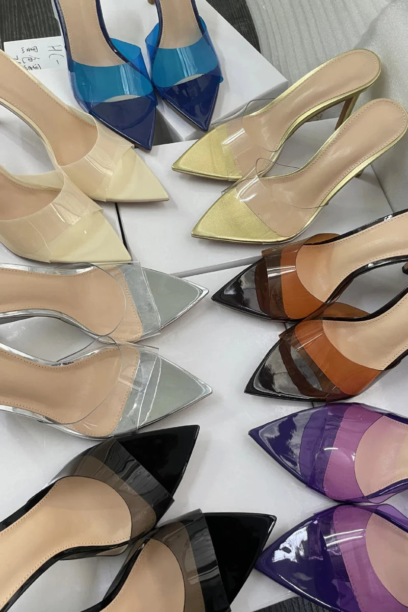 Transparent Pointed Stiletto Mules - Women's Clear High Heel Slip-On Sandals, 3.1 in (8 cm)
