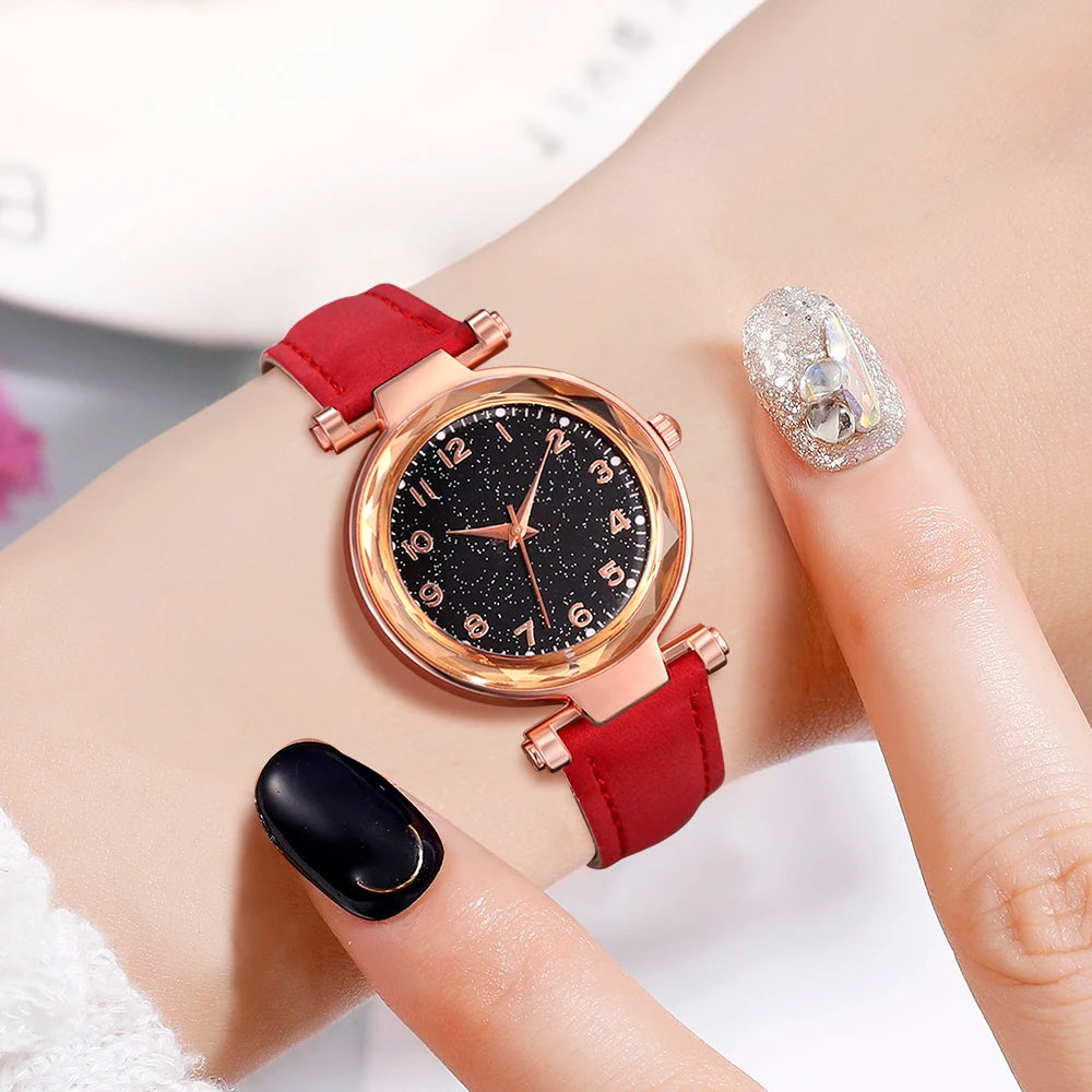 6-Piece Red Women’s Watch & Cherry Jewelry Gift Set – Minimalist Quartz Watch with Leather Strap
