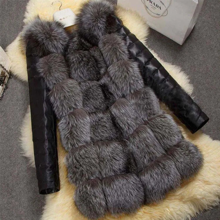 Women's Patchwork Faux Fox Fur Cardigan with Faux Leather Sleeves Thick Warm Streetwear Coat