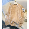 MEXZT Harajuku Oversized Pink V-Neck Knit Sweater for Women, Korean Long Sleeve Streetwear